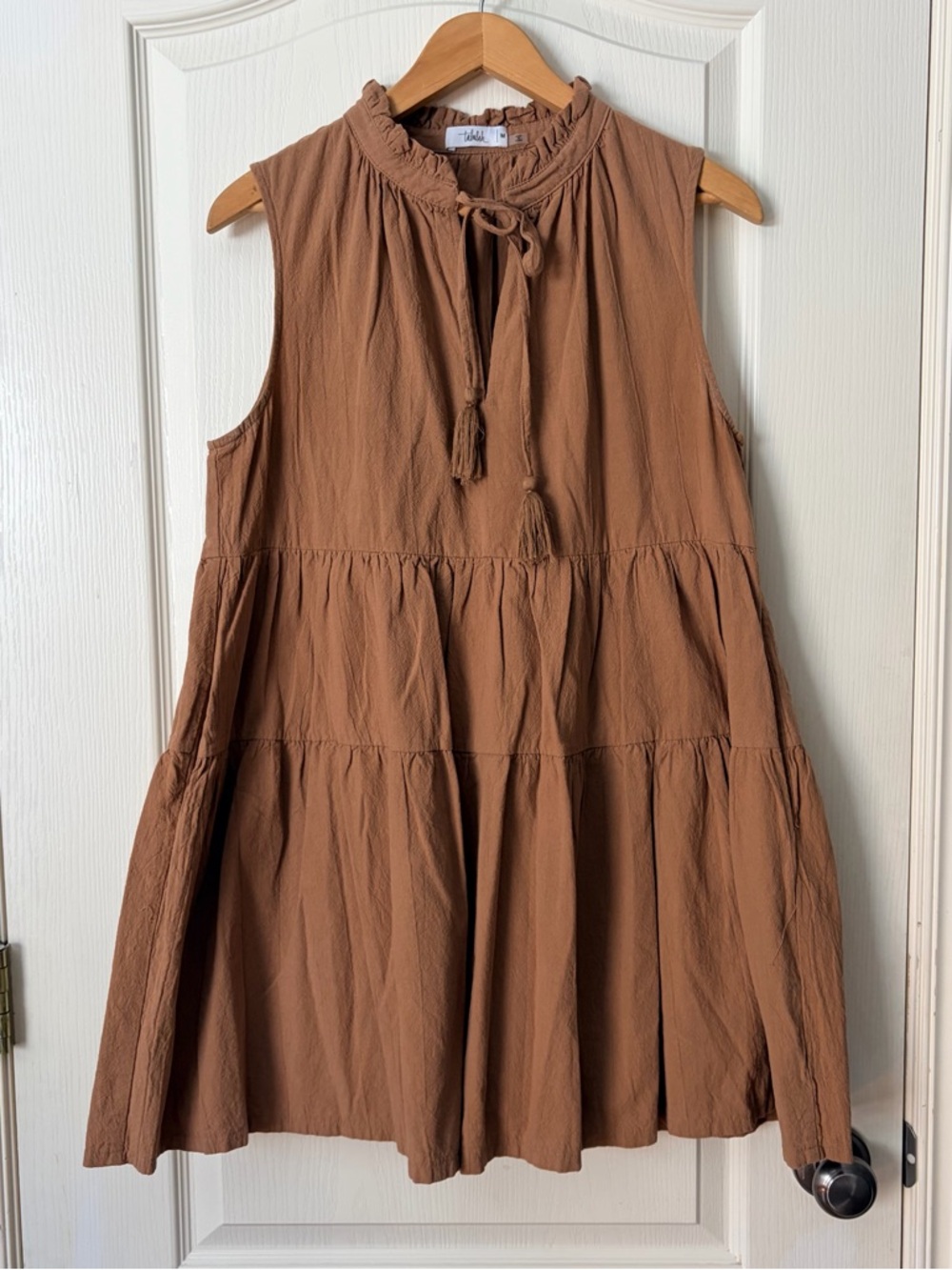 Talulah Sleeveless Tiered Brown Tie-Neck Mini Dress, Medium